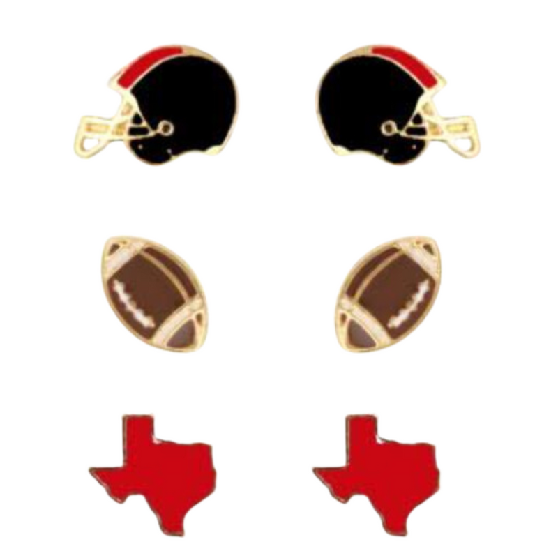 Show your TEXAS pride with these adorable statement studs! Whether you’re tailgating at the stadium or watching the game from home, these earrings are a must-have for any Texas fan!&nbsp;  Your team pride at your fingertips! Our new dual enamel stud earrings feature a helmet, football and your team state! Perfect size for ear stacking and great for all ages, the little ones will love wearing these as well!