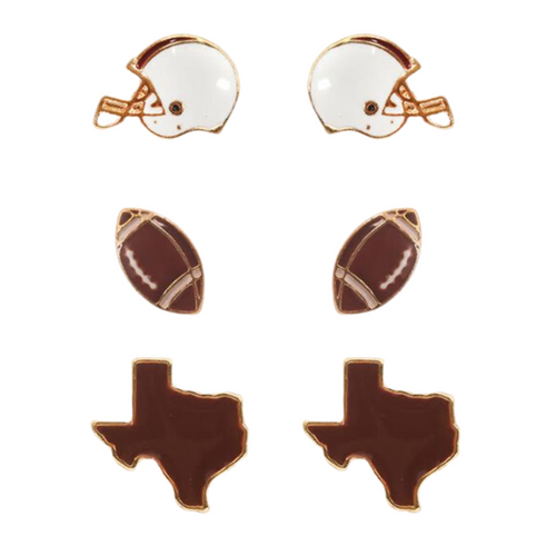 Show your TEXAS pride with these adorable statement studs! Whether you’re tailgating at the stadium or watching the game from home, these earrings are a must-have for any Texas fan!&nbsp;  Your team pride at your fingertips! Our new dual enamel stud earrings feature a helmet, football and your team state! Perfect size for ear stacking and great for all ages, the little ones will love wearing these as well!