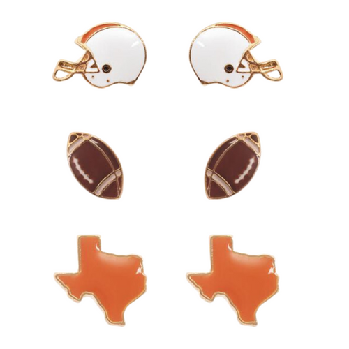 Show your TEXAS pride with these adorable statement studs! Whether you’re tailgating at the stadium or watching the game from home, these earrings are a must-have for any Texas fan!&nbsp;  Your team pride at your fingertips! Our new dual enamel stud earrings feature a helmet, football and your team state! Perfect size for ear stacking and great for all ages, the little ones will love wearing these as well!