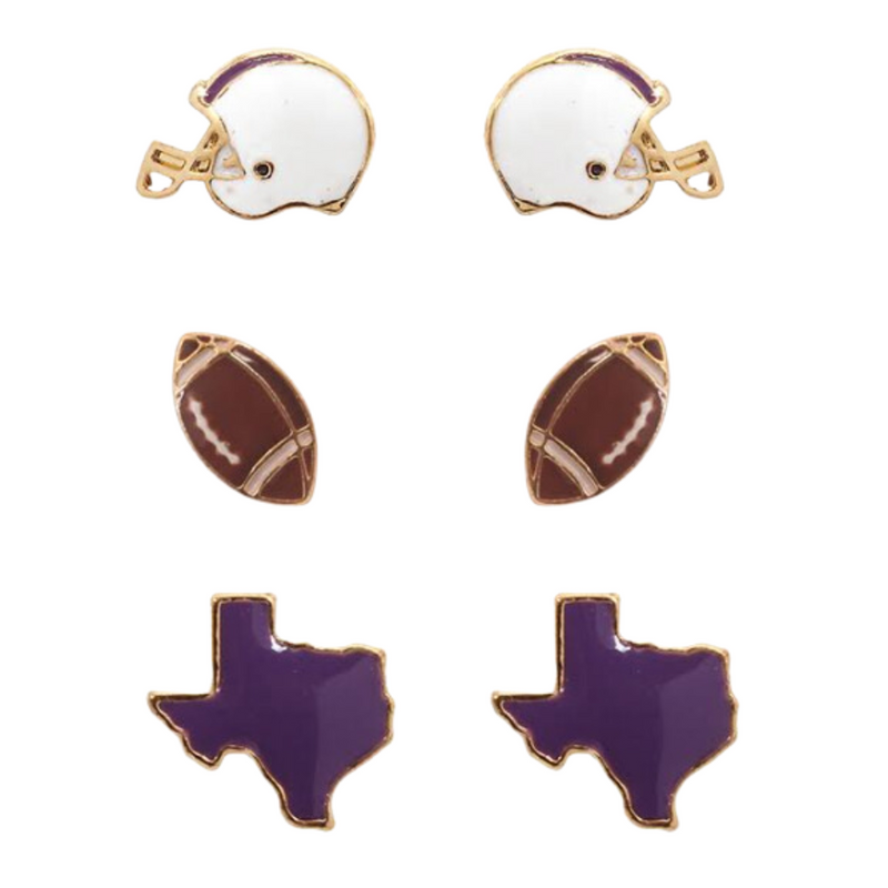 Show your TEXAS pride with these adorable statement studs! Whether you’re tailgating at the stadium or watching the game from home, these earrings are a must-have for any Texas fan!&nbsp;  Your team pride at your fingertips! Our new dual enamel stud earrings feature a helmet, football and your team state! Perfect size for ear stacking and great for all ages, the little ones will love wearing these as well!