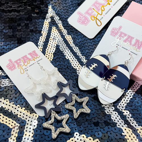 Let's Go Cowboys!  Our new Glitter Glam Sideline Stars + Dual Footballs are a MUST-HAVE This Season And Pair Perfectly with ALL Your Day-To-Game Day looks.  
