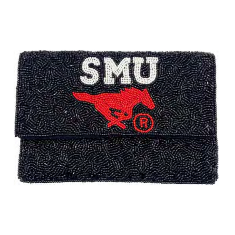 Meet Us At The Boulevard, Cause Saturdays Are For The Stangs!   Pony Up And Accessorize Your Game Day Look With Our Uniquely Beaded SMU Mustang Black Mini Clutch.