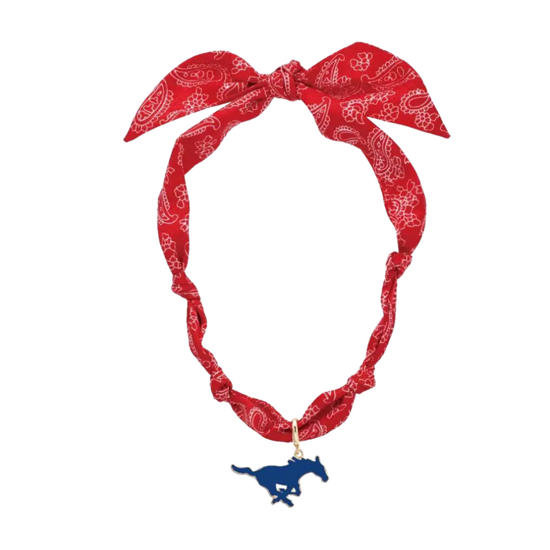 Show off your SMU pride with this playful Mustangs Logo Bandana Scarf Necklace. It combines the casual charm of a bandana with the fun flair of a necklace, making it the perfect accessory for game day or everyday style. Lightweight and easy to wear, it adds a splash of school spirit to any outfit while keeping things cool and comfortable.