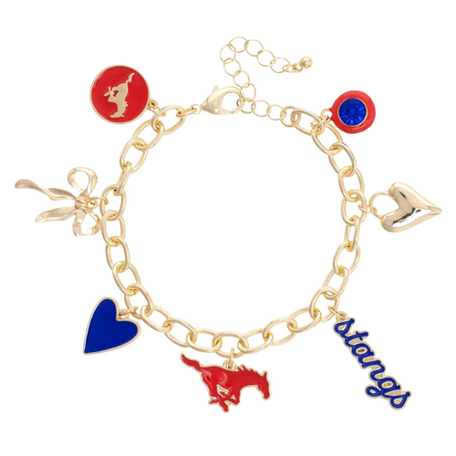 Show your team pride with the SMU Mustangs Enamel Icons Charm Bracelet. This gold-plated bracelet sparkles with colorful enamel charms featuring the iconic logo and spirited symbols. Perfect for stacking on game day or adding a playful touch to your everyday look, it’s a fun way to celebrate your Mustangs all season long. Pre-order now to secure this lively accessory!