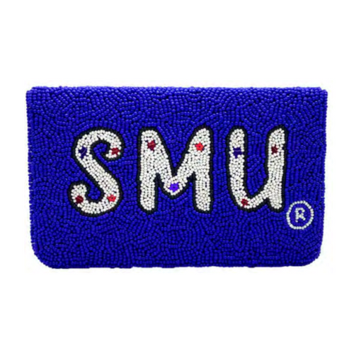 Meet Us At The Boulevard, Cause Saturdays Are For The Stangs!   Pony Up And Accessorize Your Game Day Look With Our Uniquely Beaded SMU Blue Mini Clutch.  Stadium sized approved!!  Our Mini clutch features a secure snap that keeps your cash, credit cards, lipstick, keys + more safe at the game!