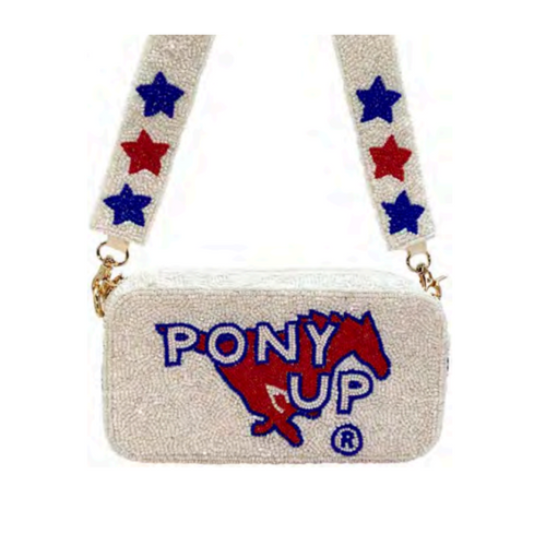 Meet Us At The Boulevard, Cause Saturdays Are For The Stangs!  Accessorize Your Game Day Look With Our Uniquely Beaded SMU PONY UP Mini Clutch.  Stadium sized approved!!  Our Mini clutch features a secure snap that keeps your cash, credit cards, lipstick, keys + more safe at the game!