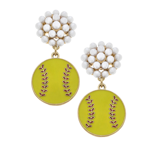 Get ready for Game Time in our new Softball Pearl Cluster Enamel Dangles.&nbsp; Featuring gold accents and gold metal plating our new dangles showcase classic elegance for everyday wear.