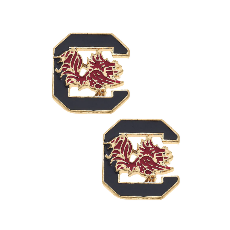 Show off your Gamecocks spirit with these shiny gold enamel stud earrings! Featuring the iconic South Carolina logo, they add a touch of fun and flair to any outfit. Perfect for game day or everyday wear, these earrings let you cheer on your team in style without going over the top. Simple, sleek, and full of fan pride!