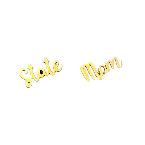 Celebrate university pride and motherhood with these playful State Mom Gold Stud Earrings. Designed for all university moms, these charming studs add a golden glow that’s both stylish and heartfelt. A perfect way to show off school spirit while keeping Mom’s love close, making every day a little brighter and full of pride!