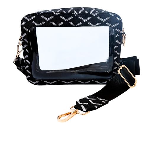 Classic + Chic our Stella Clear crossbody top zip game day bag will be a New Fan Favorite!&nbsp; Featuring a clear PVC body, trimmed in black saffiano vegan leather with gold accents.&nbsp; Comfortable and roomy, this bag is perfect for the GameDay girl who likes to come prepared!
