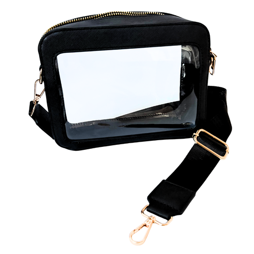 Classic + Chic our Stella Clear crossbody top zip game day bag will be a New Fan Favorite!&nbsp; Featuring a clear PVC body, trimmed in black saffiano vegan leather with gold accents.&nbsp; Comfortable and roomy, this bag is perfect for the GameDay girl who likes to come prepared!
