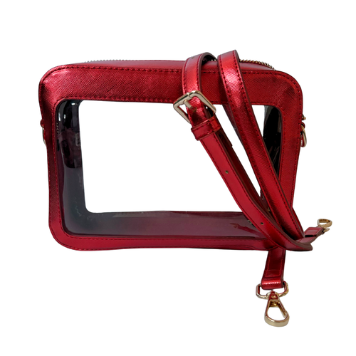 Classic + Chic our Stella Clear crossbody top zip game day bag will be a New Fan Favorite!&nbsp; Featuring a clear PVC body, trimmed in metallic red saffiano vegan leather with gold accents.&nbsp; Comfortable and roomy, this bag is perfect for the GameDay girl who likes to come prepared!