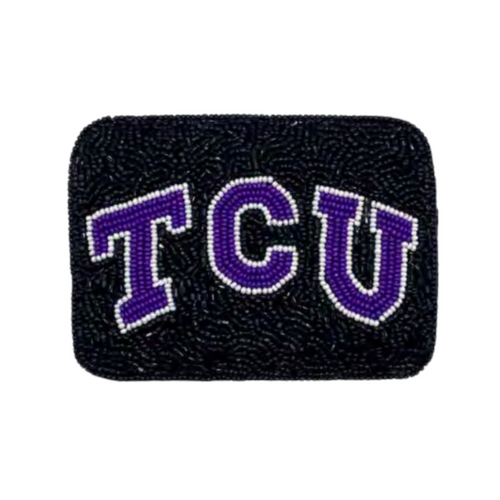 “Riff, Ram, Bah, Zoo... Give 'em Hell, TCU!” It's time to cheer on your frogs and elevate your clear bag status by accessorizing your Game Day look with our TCU beaded card holder.