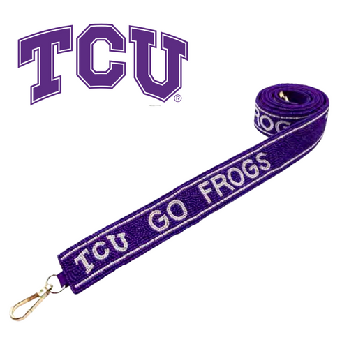 “Riff, Ram, Bah, Zoo... Give 'em Hell, TCU!”  It's time to cheer on your frogs and elevate your clear bag status by accessorizing your Game Day look with our uniquely beaded TCU Go Frogs Game Day bag strap.