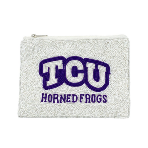 “Riff, Ram, Bah, Zoo... Give 'em Hell, TCU!”; It's time to cheer on the frogs and elevate your clear bag status by accessorizing your Game Day look with our uniquely beaded TCU Horned Frogs coin bag.