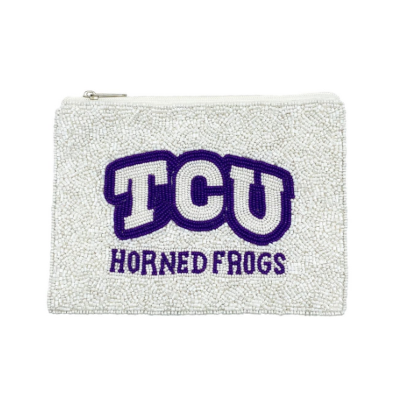 “Riff, Ram, Bah, Zoo... Give 'em Hell, TCU!”; It's time to cheer on the frogs and elevate your clear bag status by accessorizing your Game Day look with our uniquely beaded TCU Horned Frogs coin bag.