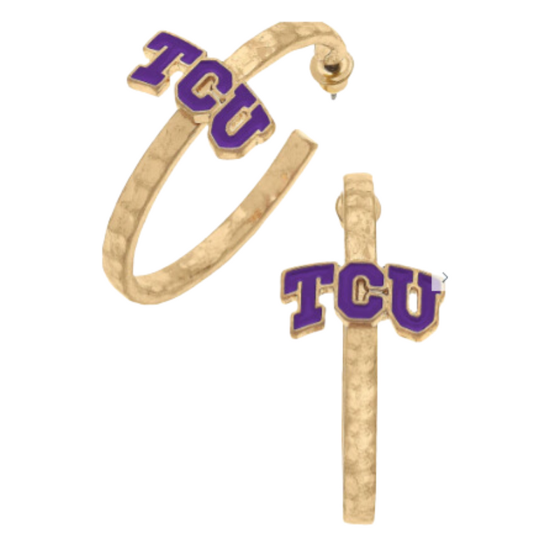 “Riff, Ram, Bah, Zoo... Give 'em Hell, TCU!” It's time to cheer on your frogs and elevate your tailgate glam by accessorizing your Game Day look with our TCU Enamel Hoop Earrings!