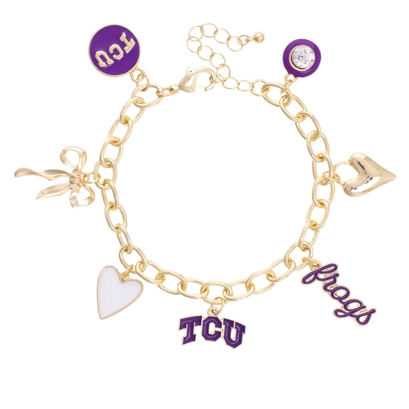 Show off your Horned Frogs pride with the TCU Enamel Icons Charm Bracelet. This playful bracelet features colorful enamel charms that capture the spirit of your favorite team. Perfect for game days or everyday wear, it adds a fun and stylish touch to any outfit. Pre-order now to secure your unique fan accessory!