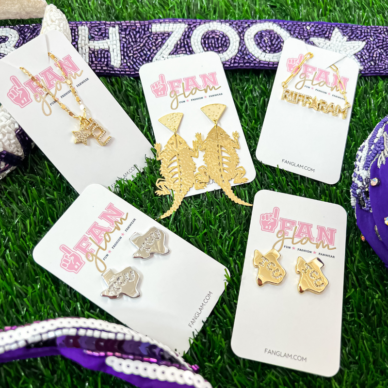 “Riff, Ram, Bah, Zoo... Give 'em Hell, TCU!”  It's time to cheer on the frogs and elevate your Game Day Fits by accessorizing your look with our new TCU RIFF RAM Gold/Rhinestone Necklace collection.  Available in 3 collectable GameDay styles.