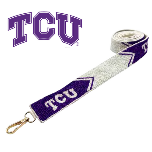 “Riff, Ram, Bah, Zoo... Give 'em Hell, TCU!”  It's time to cheer on your frogs and elevate your clear bag status by accessorizing your Game Day look with our uniquely beaded TCU Game Day bag strap.
