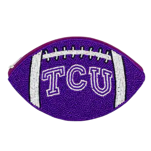“Riff, Ram, Bah, Zoo... Give 'em Hell, TCU!”  It's time to cheer on your frogs and elevate your clear bag status by accessorizing your Game Day look with our uniquely beaded TCU football beaded coin bag.  Featuring a secure zip closure that keeps your cash, credit cards, lipstick, keys + more safe at the game!