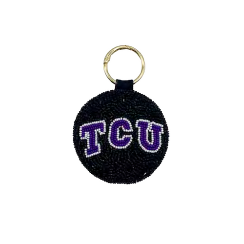 “Riff, Ram, Bah, Zoo... Give 'em Hell, TCU!”  It's time to cheer on your frogs and elevate your clear bag status by accessorizing your Game Day look with our uniquely beaded TCU Beaded Key Chain or festive bag charm.