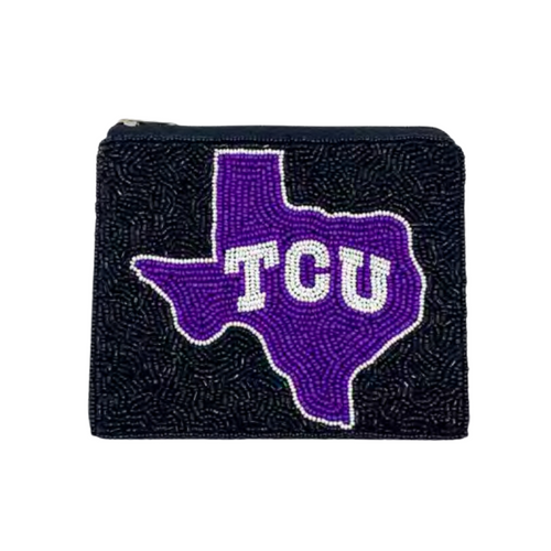 “Riff, Ram, Bah, Zoo... Give 'em Hell, TCU!”  It's time to cheer on your frogs and elevate your clear bag status by accessorizing your Game Day look with our uniquely beaded TCU State Of Texas coin bag.