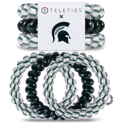 TELETIES - MICHIGAN STATE UNIVERSITY  On Gameday, hold your hair and enhance your style with TELETIES. The strong grip, no rip hair tie that doubles as a bracelet. Strong, pretty and stylish, TELETIES are designed to withstand everyday demands while taking your Gameday look to the next level.