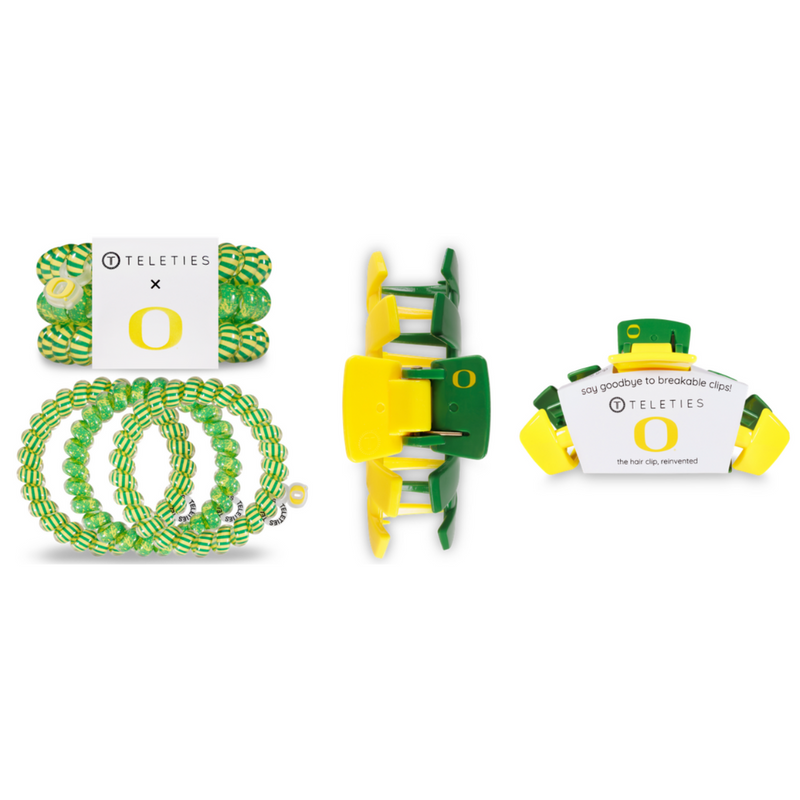 TELETIES CLIPS - UNIVERSITY OF OREGON  On Gameday, hold your hair and enhance your style with TELETIES Collegiate Clips.  Say goodbye to breakable clips!  Each clip has bendable teeth that take back to shape, you’ll enjoy a comfortable grip that doesn’t slip for an all day hold. TELETIES hair clips are safe for all hair types and are designed to withstand everyday demands while taking your Gameday look to the next level.  