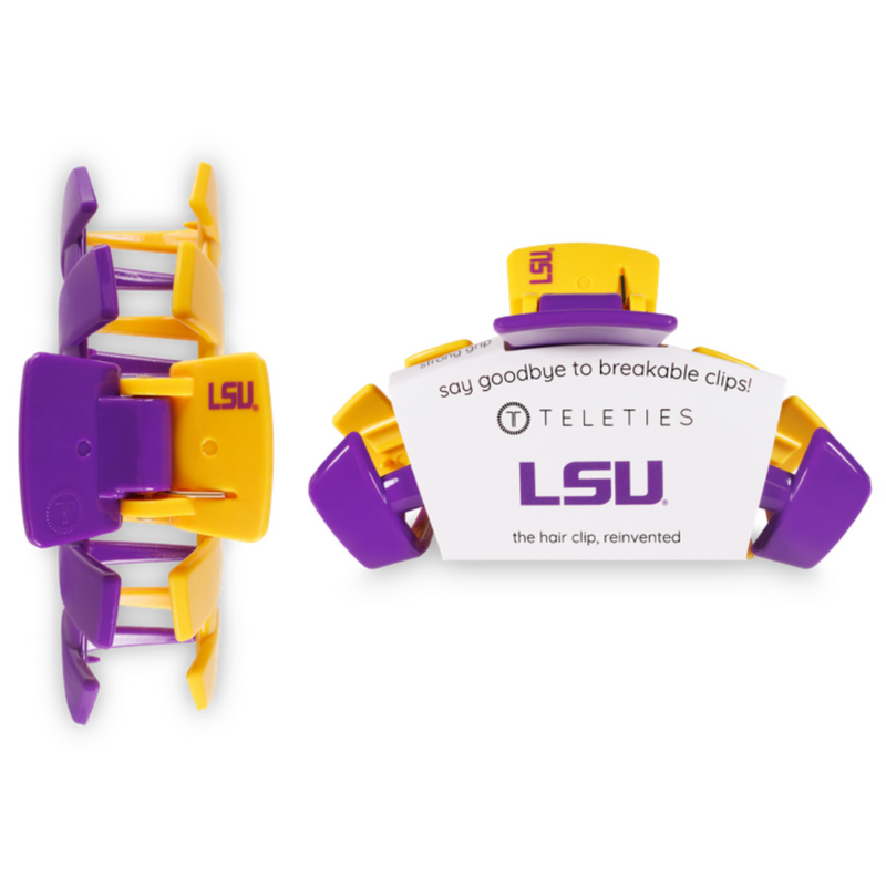 TELETIES CLIPS - LOUISIANA STATE UNIVERSITY  On Gameday, hold your hair and enhance your style with TELETIES Collegiate Clips.  Say goodbye to breakable clips!  Each clip has bendable teeth that take back to shape, you’ll enjoy a comfortable grip that doesn’t slip for an all day hold. TELETIES hair clips are safe for all hair types and are designed to withstand everyday demands while taking your Gameday look to the next level.  