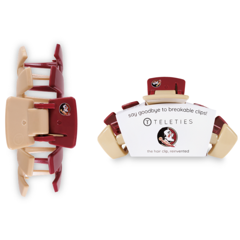 TELETIES CLIPS - FLORIDA STATE UNIVERSITY  On Gameday, hold your hair and enhance your style with TELETIES Collegiate Clips.  Say goodbye to breakable clips!  Each clip has bendable teeth that take back to shape, you’ll enjoy a comfortable grip that doesn’t slip for an all day hold. TELETIES hair clips are safe for all hair types and are designed to withstand everyday demands while taking your Gameday look to the next level.  