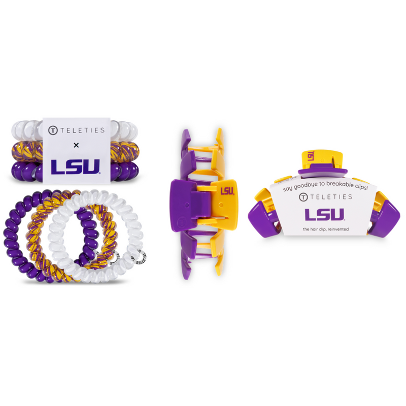 TELETIES CLIPS - LOUISIANA STATE UNIVERSITY  On Gameday, hold your hair and enhance your style with TELETIES Collegiate Clips.  Say goodbye to breakable clips!  Each clip has bendable teeth that take back to shape, you’ll enjoy a comfortable grip that doesn’t slip for an all day hold. TELETIES hair clips are safe for all hair types and are designed to withstand everyday demands while taking your Gameday look to the next level.  