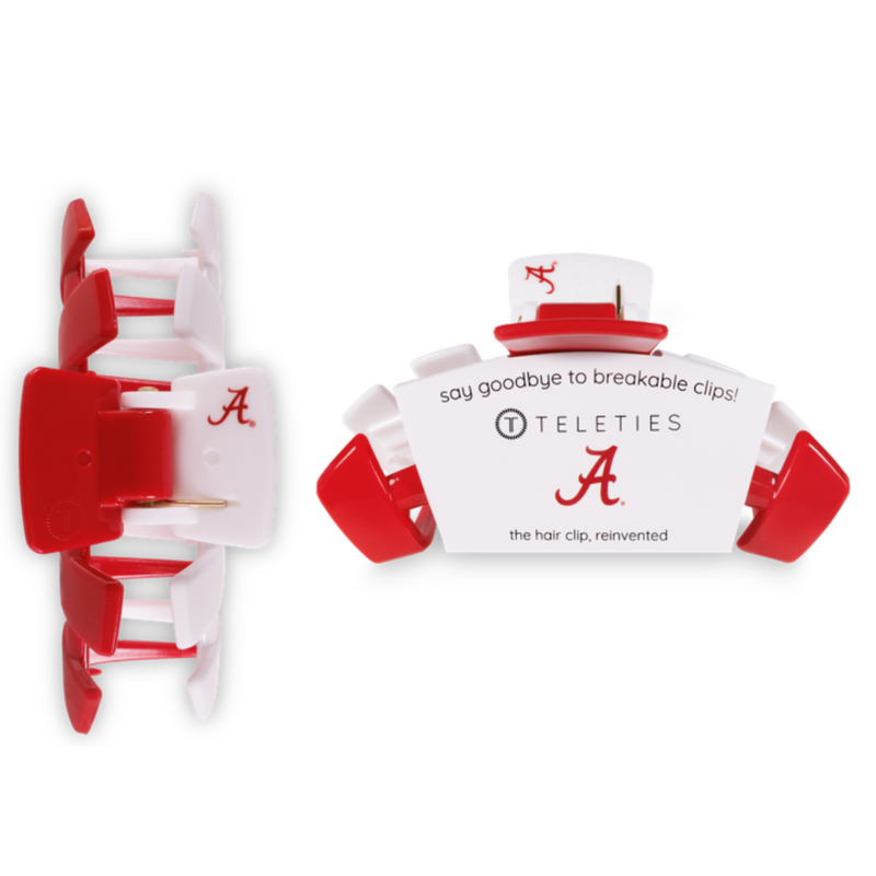 TELETIES CLIPS - UNIVERSITY OF ALABAMA  On Gameday, hold your hair and enhance your style with TELETIES Collegiate Clips.  Say goodbye to breakable clips!  Each clip has bendable teeth that take back to shape, you’ll enjoy a comfortable grip that doesn’t slip for an all day hold. TELETIES hair clips are safe for all hair types and are designed to withstand everyday demands while taking your Gameday look to the next level.  
