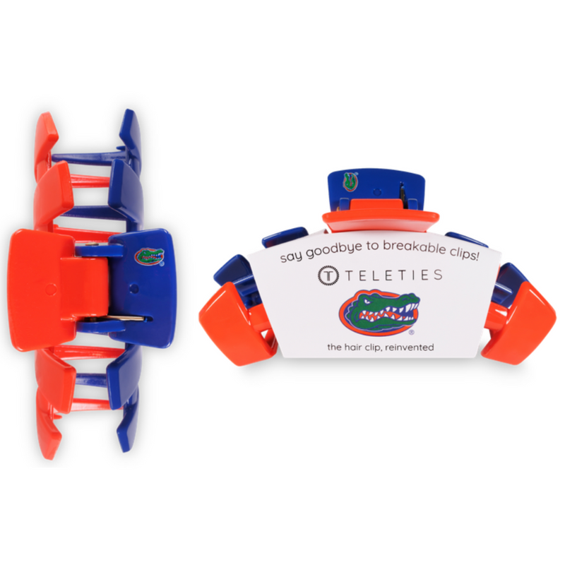 TELETIES CLIPS - UNIVERSITY OF FLORIDA  On Gameday, hold your hair and enhance your style with TELETIES Collegiate Clips.  Say goodbye to breakable clips!  Each clip has bendable teeth that take back to shape, you’ll enjoy a comfortable grip that doesn’t slip for an all day hold. TELETIES hair clips are safe for all hair types and are designed to withstand everyday demands while taking your Gameday look to the next level.