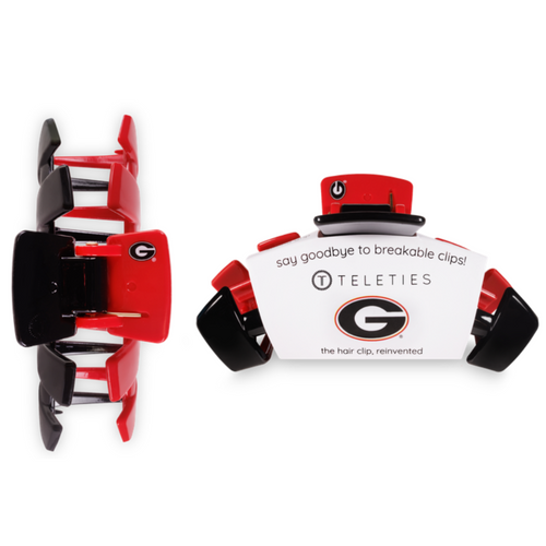 TELETIES CLIPS - UNIVERSITY OF GEORGIA  On Gameday, hold your hair and enhance your style with TELETIES Collegiate Clips.  Say goodbye to breakable clips!  Each clip has bendable teeth that take back to shape, you’ll enjoy a comfortable grip that doesn’t slip for an all day hold. TELETIES hair clips are safe for all hair types and are designed to withstand everyday demands while taking your Gameday look to the next level.  