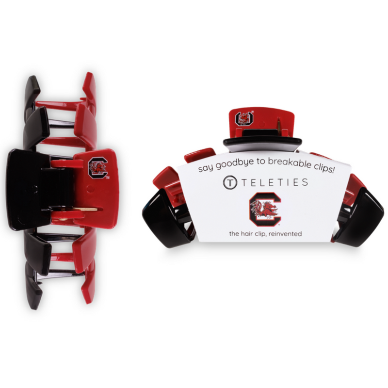 TELETIES CLIPS - UNIVERSITY OF SOUTH CAROLINA  On Gameday, hold your hair and enhance your style with TELETIES Collegiate Clips.  Say goodbye to breakable clips!  Each clip has bendable teeth that take back to shape, you’ll enjoy a comfortable grip that doesn’t slip for an all day hold. TELETIES hair clips are safe for all hair types and are designed to withstand everyday demands while taking your Gameday look to the next level.  