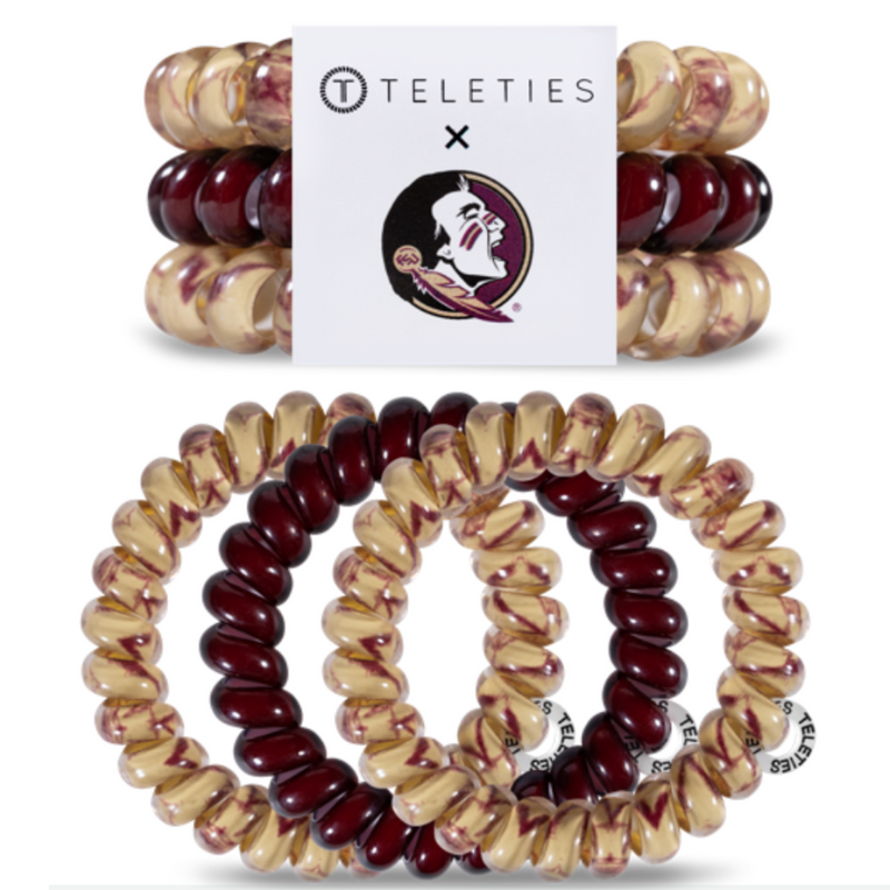 TELETIES - FLORIDA STATE UNIVERSITY  On Gameday, hold your hair and enhance your style with TELETIES. The strong grip, no rip hair tie that doubles as a bracelet. Strong, pretty and stylish, TELETIES are designed to withstand everyday demands while taking your Gameday look to the next level.