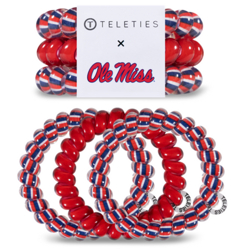 TELETIES - UNIVERSITY OF MISSISSIPPI  On Gameday, hold your hair and enhance your style with TELETIES. The strong grip, no rip hair tie that doubles as a bracelet. Strong, pretty and stylish, TELETIES are designed to withstand everyday demands while taking your Gameday look to the next level.