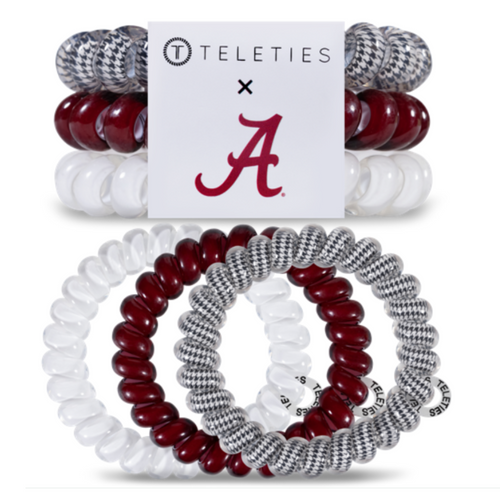 TELETIES - UNIVERSITY OF ALABAMA  On Gameday, hold your hair and enhance your style with TELETIES. The strong grip, no rip hair tie that doubles as a bracelet. Strong, pretty and stylish, TELETIES are designed to withstand everyday demands while taking your Gameday look to the next level.