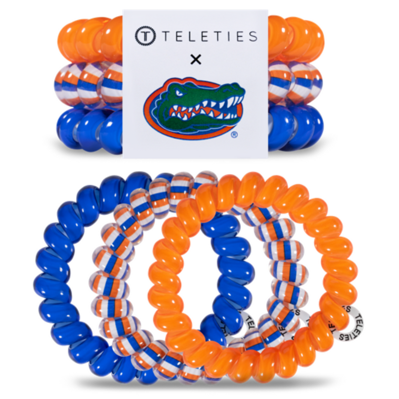 TELETIES - UNIVERSITY OF FLORIDA  On Gameday, hold your hair and enhance your style with TELETIES. The strong grip, no rip hair tie that doubles as a bracelet. Strong, pretty and stylish, TELETIES are designed to withstand everyday demands while taking your Gameday look to the next level.