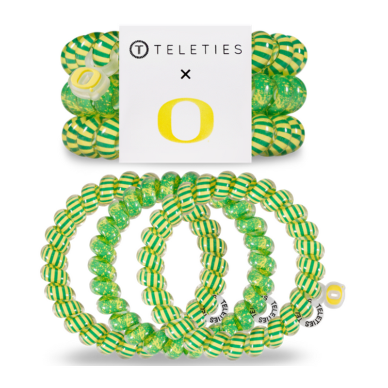 TELETIES - UNIVERSITY OF OREGON  On Gameday, hold your hair and enhance your style with TELETIES. The strong grip, no rip hair tie that doubles as a bracelet. Strong, pretty and stylish, TELETIES are designed to withstand everyday demands while taking your Gameday look to the next level.