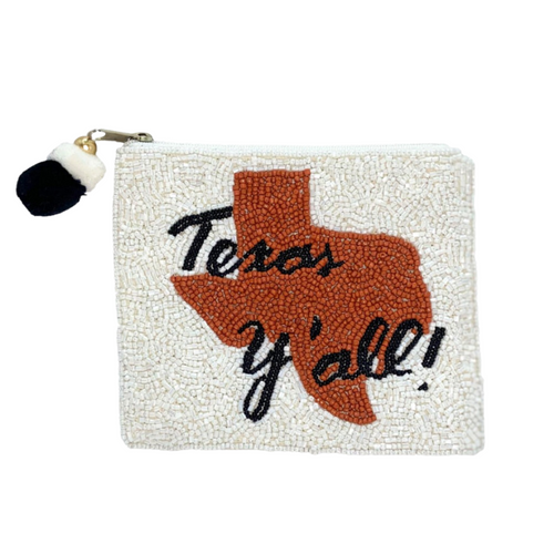 Show your love for Texas, when you elevate your Game Day clear bag status and showcase this adorable beaded State of Texas coin bag.  Featuring a secure zip closure that keeps your cash, credit cards, lipstick, keys + more safe at the game!