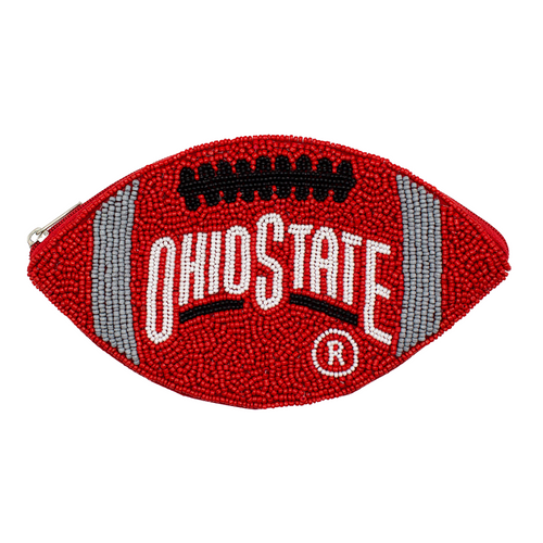 Score big Buckeye Nation with our new The Ohio State University Football Beaded Pouch! This officially licensed coin pouch is shaped like a football and features intricate glass beadwork in Ohio State’s signature colors. Perfect for carrying small essentials like cash, coins, and keys, this unique pouch is a must-have for any Buckeye fan.