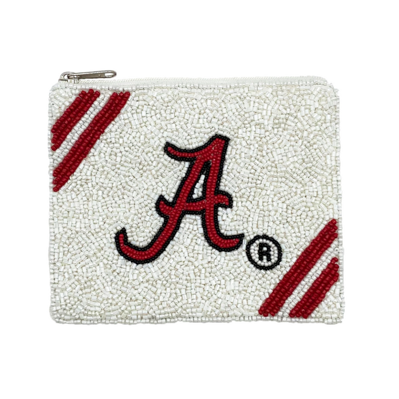 Roll Tide Roll.  Bama fans it's time to elevate your clear bag status and accessorize your Game Day look with our uniquely beaded Alabama zip coin bag.  Featuring a secure zip closure that keeps your cash, credit cards, lipstick, keys + more safe at the game!