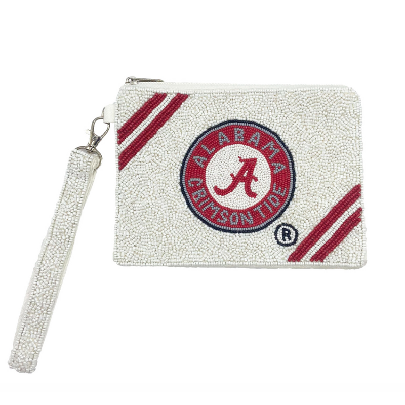 Roll Tide Roll.  Bama fans it's time to elevate your tailgate glam by accessorizing your Game Day look with our uniquely beaded Crimson Tide wristlet!  Stadium sized approved!!  Wristlet features a secure zip closure that keeps your cash, credit cards, lipstick, keys + more safe at the game!