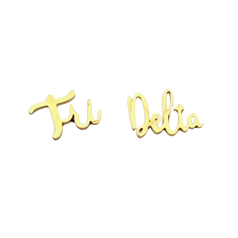 Enhance your style and show off your sorority spirit with these Tri Delta gold stud earrings. Made from high-quality materials, these earrings are the perfect addition to any outfit. Lightweight and comfortable, they are ideal for everyday wear. Show your Tri Delta pride with these stylish and playful earrings.