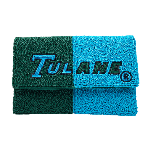 “A One, A Two, A Helluva Hullabaloo, It's Time To Fear The Green Wave.  There's no better time to elevate your tailgate glam by accessorizing your Game Day look with our dual colored Tulane beaded clutch.  Stadium sized approved!!  Our Mini clutch features a secure snap closure that keeps your cash, credit cards, lipstick, keys + more safe at the game!