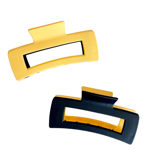 Add a pop of color to your hair game with these bold and playful color block claw clips! Featuring a sleek black and yellow combo, these clips are perfect for repping your school pride or just making a statement. With a strong hold and trendy shape, they’re your go-to for effortless game-day glam, campus style, or everyday flair.