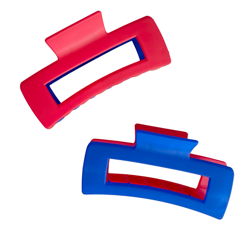 Add a pop of color to your hair game with these bold and playful color block claw clips! Featuring a sleek red and blue combo, these clips are perfect for repping your school pride or just making a statement. With a strong hold and trendy shape, they’re your go-to for effortless game-day glam, campus style, or everyday flair.
