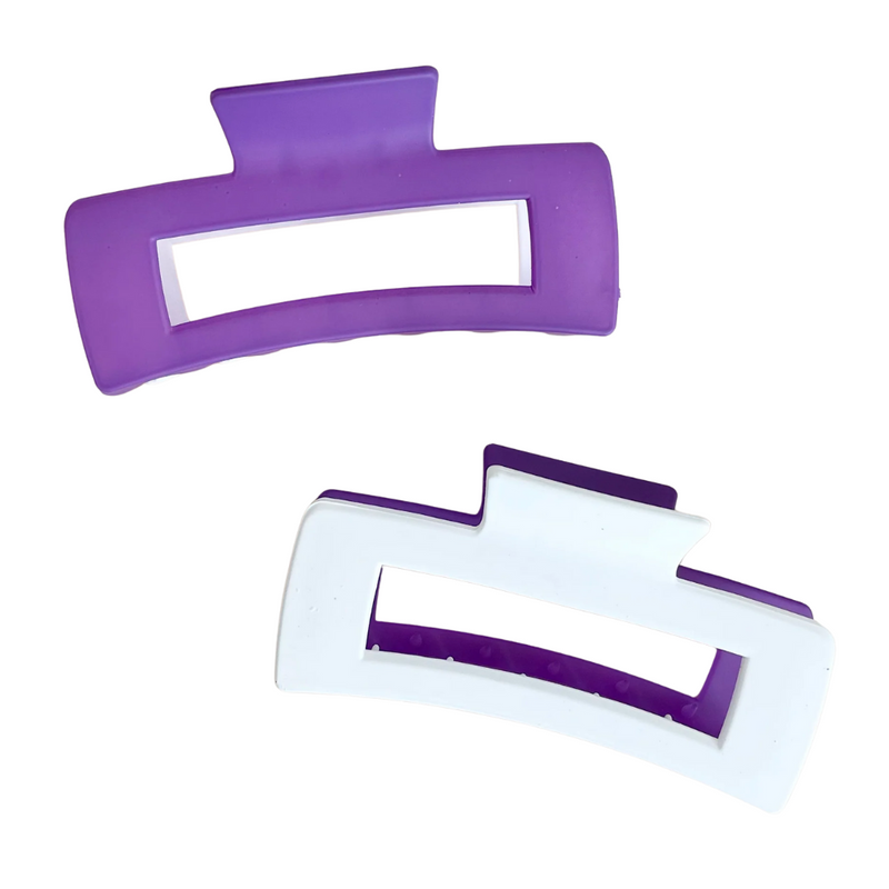Add a pop of color to your hair game with these bold and playful color block claw clips! Featuring a sleek purple and white combo, these clips are perfect for repping your school pride or just making a statement. With a strong hold and trendy shape, they’re your go-to for effortless game-day glam, campus style, or everyday flair.